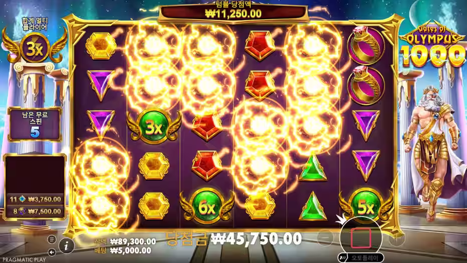 게이트 오브 올림푸스 1000 프리스핀 보너스 라운드 — 라운드당 1,000배 멀티플라이어 누적 화면