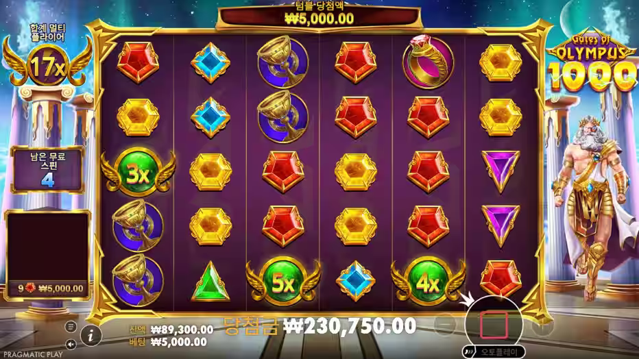게이트 오브 올림푸스 1000 게임플레이 화면 — 6×5 릴 구성, 텀블 기능 및 1,000배 멀티플라이어 예시